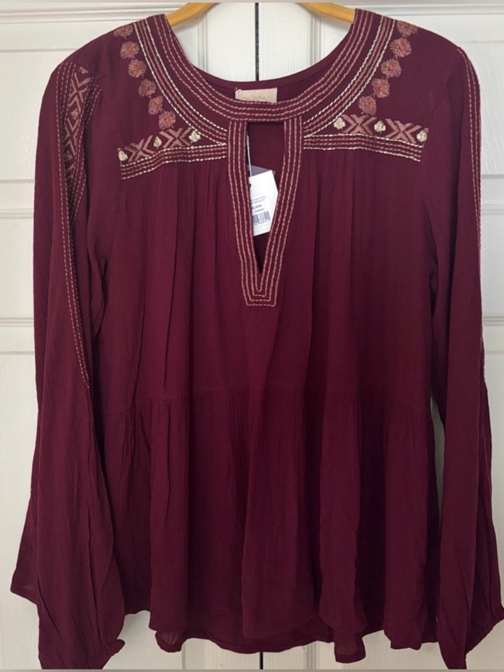 NKN/Nekane Embroidered Long-Sleeve Peasant Boho Top  NWT Burgundy Small